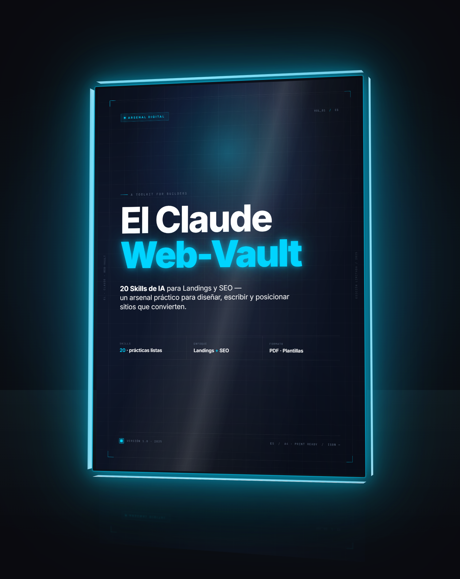 Mockup del PDF El Claude Web-Vault, 20 skills de IA para landings y SEO